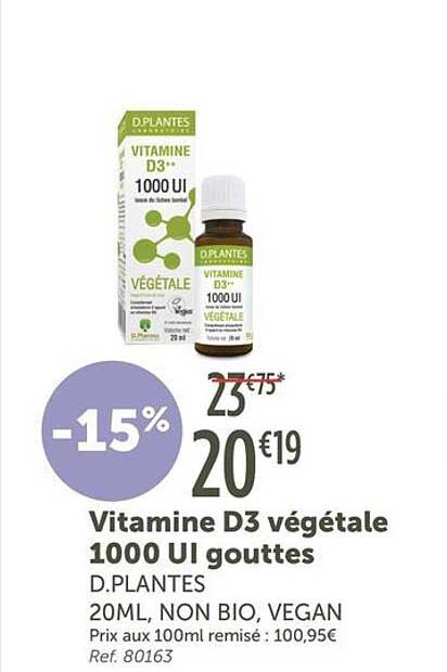 Vitamine D3 végétale 1000 UI gouttes D.PLANTES 20ML, NON BIO, VEGAN