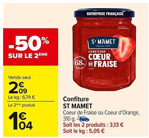 Confiture ST MAMET Coeur de Fraise ou Coeur d’Orange, 310 g
