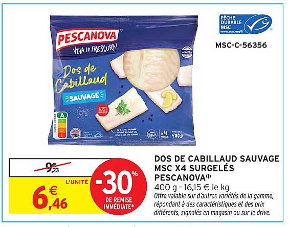 DOS DE CABILLAUD SAUVAGE MSC X4 SURGELÉS PESCANOVA