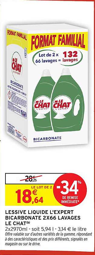 LESSIVE LIQUIDE L'EXPERT BICARBONATE 2X66 LAVAGES LE CHAT
