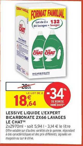 LESSIVE LIQUIDE L'EXPERT BICARBONATE 2X66 LAVAGES LE CHAT
