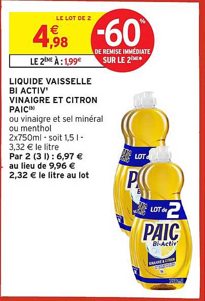 LIQUIDE VAISSELLE BI ACTIV' VINAIGRE ET CITRON PAIC