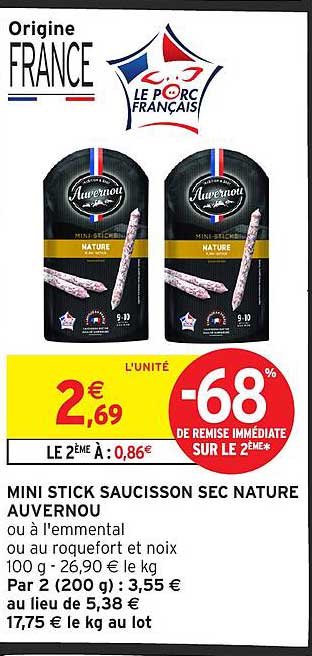 MINI STICK SAUCISSON SEC NATURE AUVERNOU