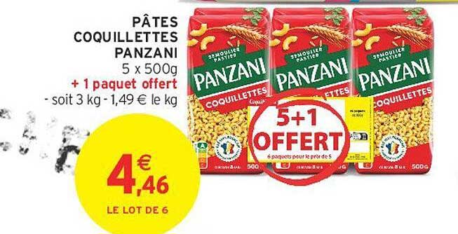 PÂTES COQUILLETTES PANZANI 5 x 500g + 1 paquet offert