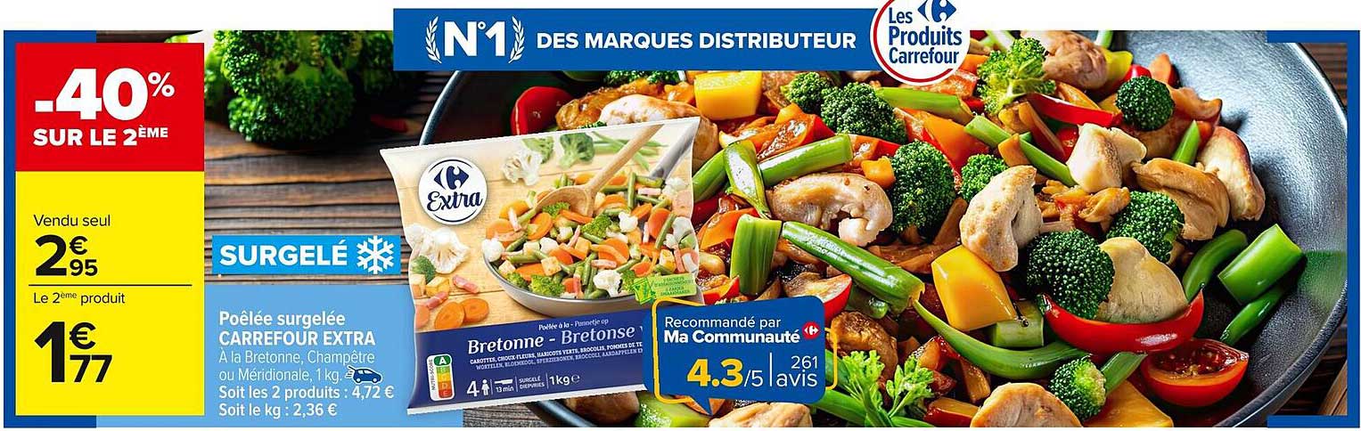 Poêlée surgelée CARREFOUR EXTRA À la Bretonne, Champêtre ou Méditerranéenne, 1 kg.