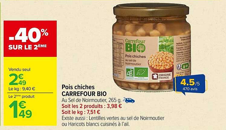 Pois chiches CARREFOUR BIO au Sel de Noirmoutier, 265 g.