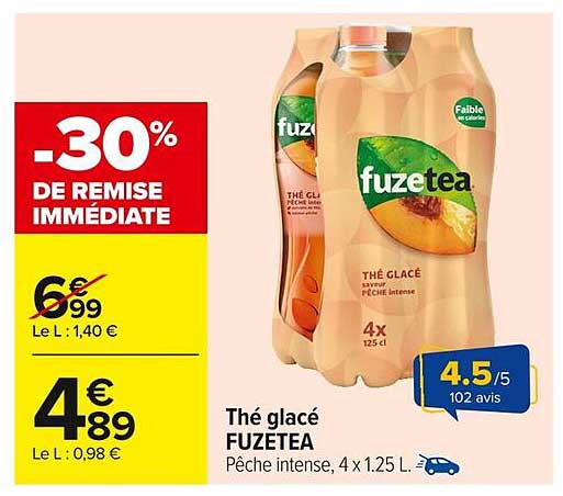 Thé glacé FUZE TEA Pêche intense, 4 x 1.25 L