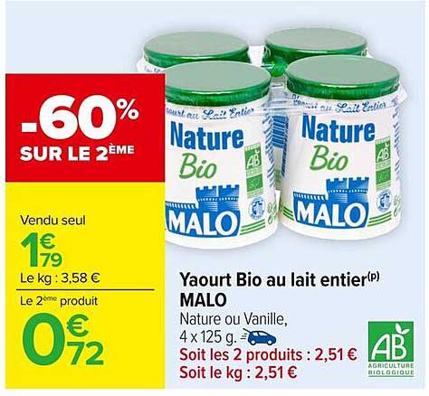 Yaourt Bio au lait entier(p) MALO