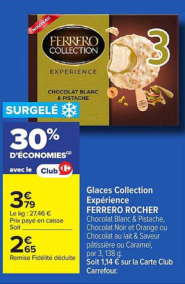 Glaces Collection Expérience FERRERO ROCHER Chocolat Blanc & Pistache, Chocolat Noir et Orange ou Chocolat au Lait & Saveur pâtissière ou Caramel, par 3, 138 g. Soit 1,14 € sur la Carte Club Carrefour.