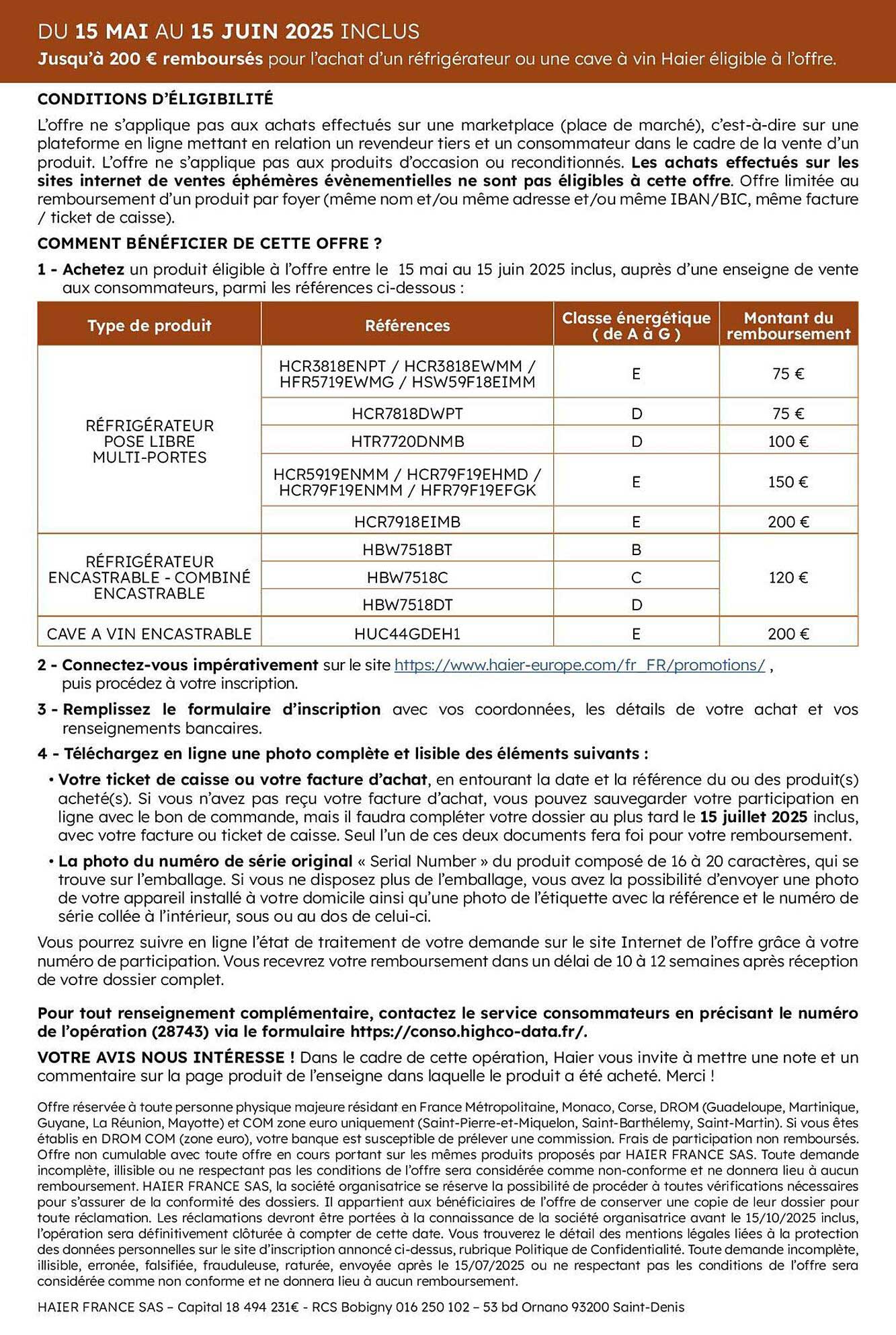 Jusqu'à 200 € remboursés pour l'achat d'un réfrigérateur ou une cave à vin Haier éligible à l'offre.