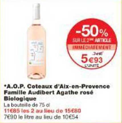 *A.O.P. Coteaux d'Aix-en-Provence Famille Audibert Agathe rosé Biologique