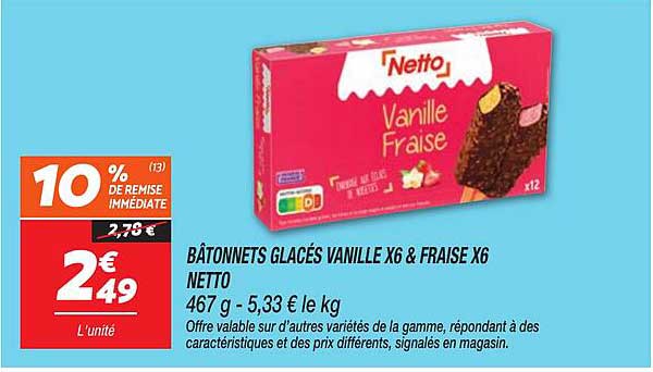 BÂTONNETS GLACÉS VANILLE X6 & FRAISE X6 NETTO