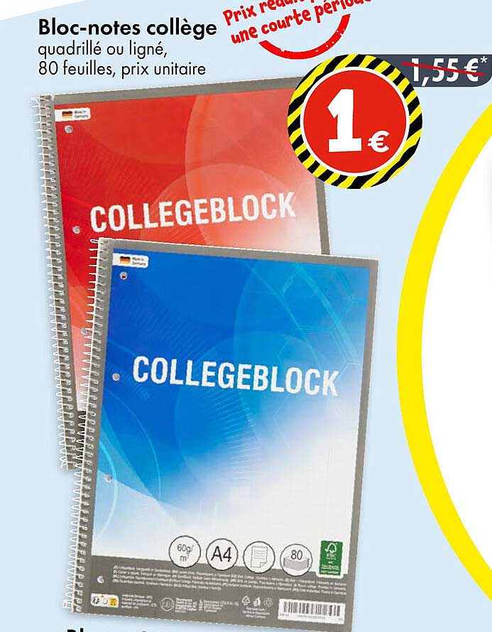Bloc-notes collège quadrillé ou ligné, 80 feuilles, prix unitaire