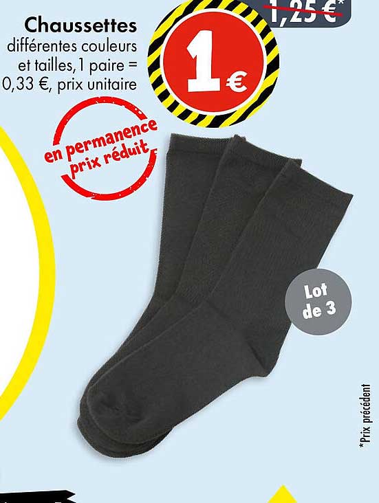 Chaussettes différentes couleurs et tailles, 1 paire = 0,33 €, prix unitaire