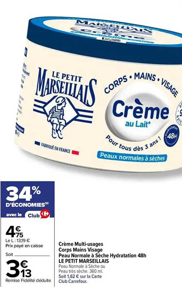 Crème Multi-usages Corps Mains Visage Peau Normale à Sèche Hydratation 48h