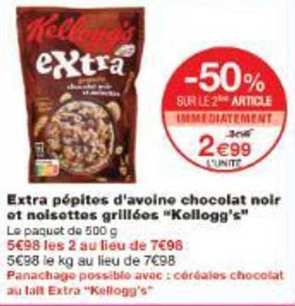 Extra pépites d'avoine chocolat noir et noisettes grillées "Kellogg's"