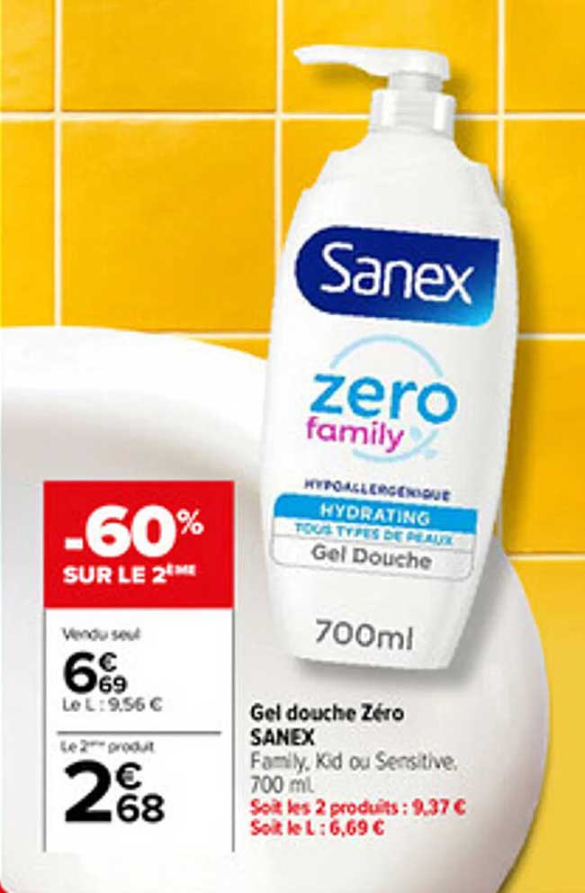 Gel douche Zéro SANEX Family, Kid ou Sensitive, 700 ml