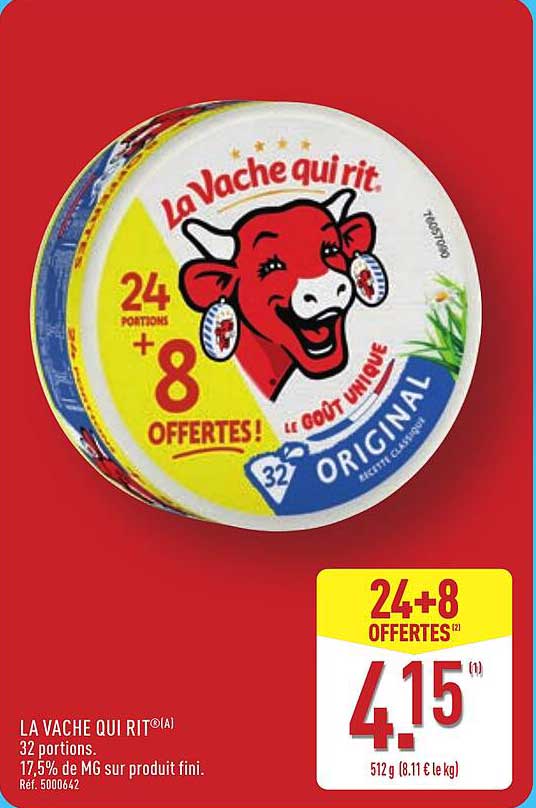 LA VACHE QUI RIT® 32 portions. 17,5% de MG sur produit fini.