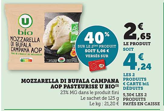 MOZZARELLA DI BUFALA CAMPANA AOP PASTEURISE U BIO