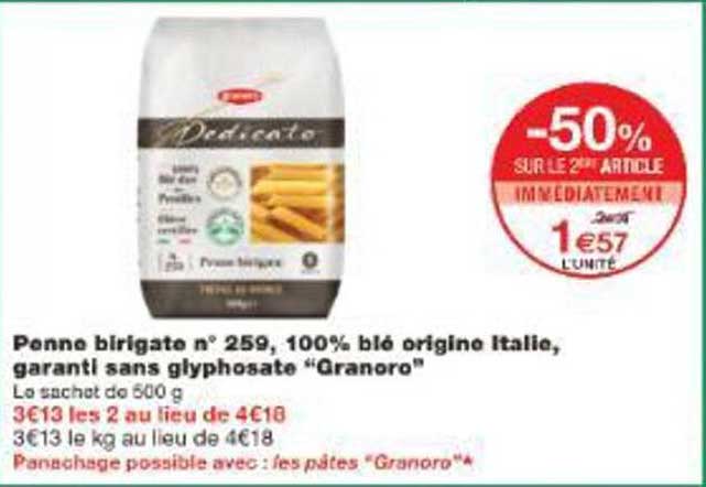 Penne birigate n° 259, 100% blé origine Italie, garanti sans glyphosate “Granoro”