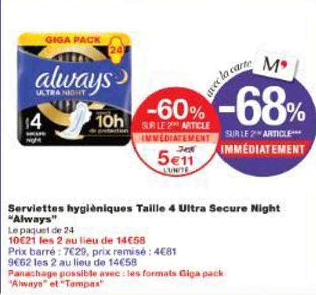 Serviettes hygiéniques Taille 4 Ultra Secure Night "Always"