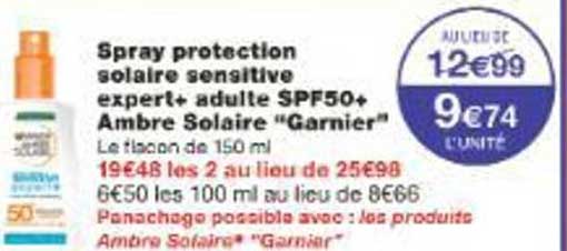 Spray protection solaire sensitive expert+ adulte SPF50+ Ambre Solaire "Garnier"