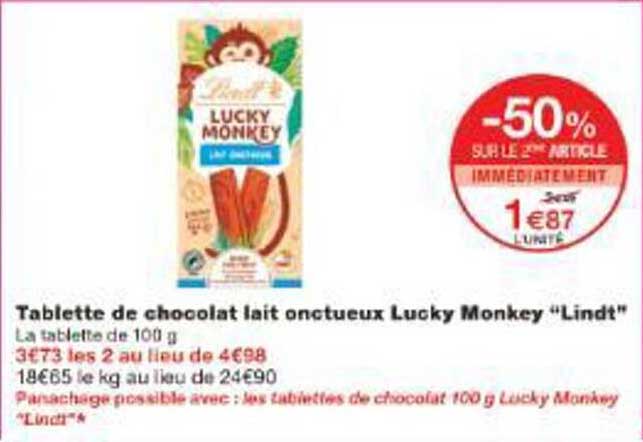 Tablette de chocolat lait onctueux Lucky Monkey "Lindt"
