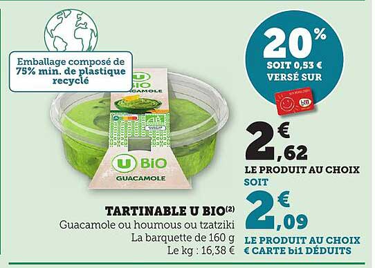 TARTINABLE U BIO Guacamole ou houmous ou tzatziki