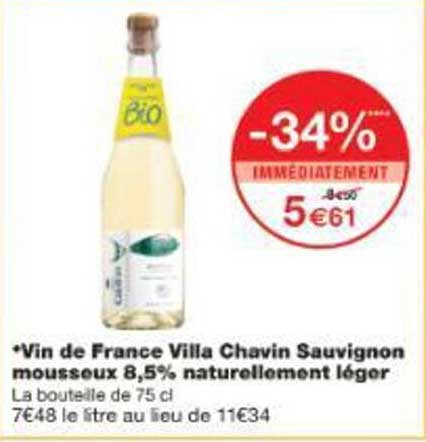 Vin de France Villa Chavin Sauvignon mousseux 8,5% naturellement léger