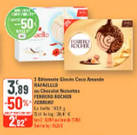 1 Litre Glaces DRECO Amarena RIGALELLO ou Glaces Cudor Noisettes FERRERO ROCHER POMAGNO