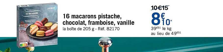 16 macarons pistache, chocolat, framboise, vanille