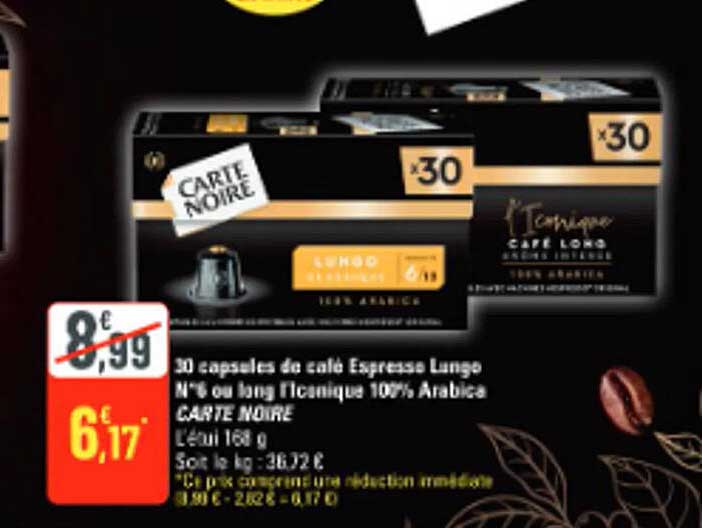 30 capsules de café Espresso Lungo N°8 ou long l'équilibre 100% Arabica CARTE NOIRE