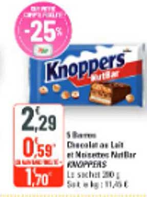 5 barres chocolat au lait et noisettes nature KNOPPERS