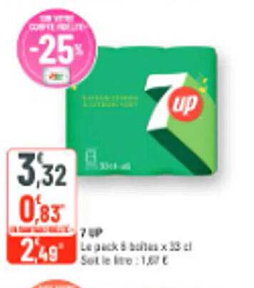 7 UP Le pack de 8 bouteilles x 33 cl Soit le litre : 1,57 €
