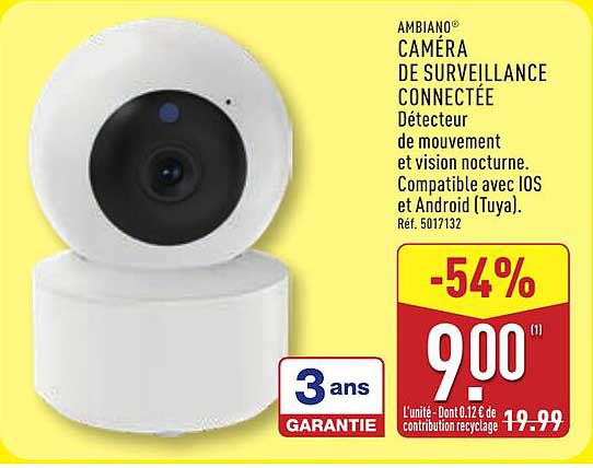AMBIANO® CAMÉRA DE SURVEILLANCE CONNECTÉE Détecteur de mouvement et vision nocturne. Compatible avec IOS et Android (Tuya).