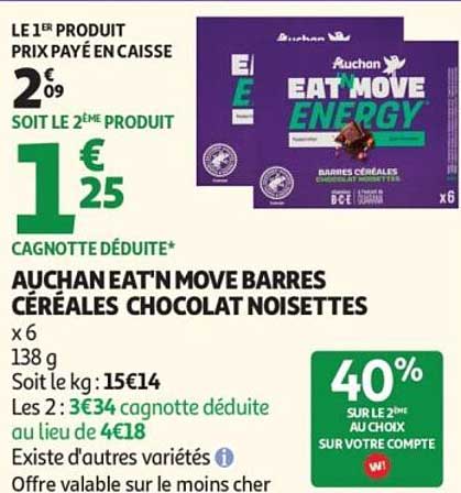 AUCHAN EAT'N MOVE BARRES CÉRÉALES CHOCOLAT NOISETTES