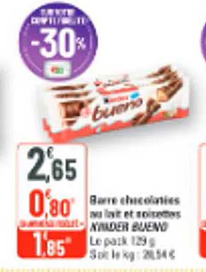 Barre chocolatitée au lait et noisettes KINDER BUENO Le pack 129 g