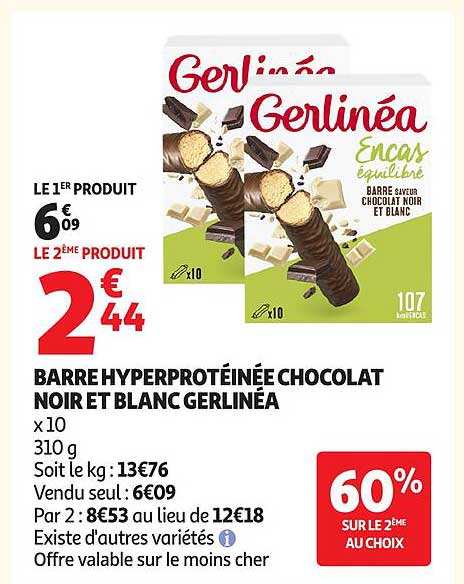BARRE HYPERPROTÉINÉE CHOCOLAT NOIR ET BLANC GERLINÉA