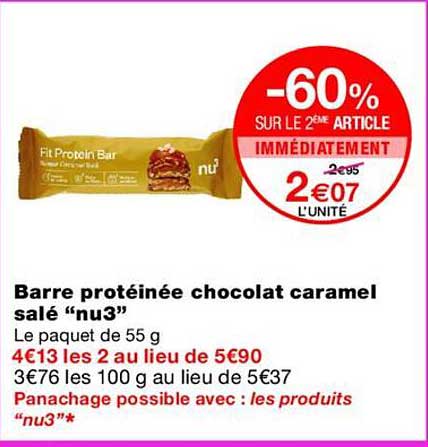 Barre protéinée chocolat caramel salé “nu3”