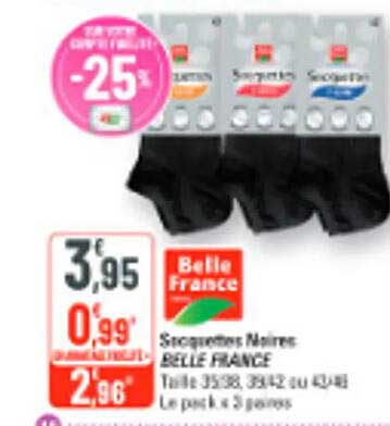 Bas socquettes Noires BELLE FRANCE Taille 35/38, 39/42 ou 43/46 Le pack 3 paires