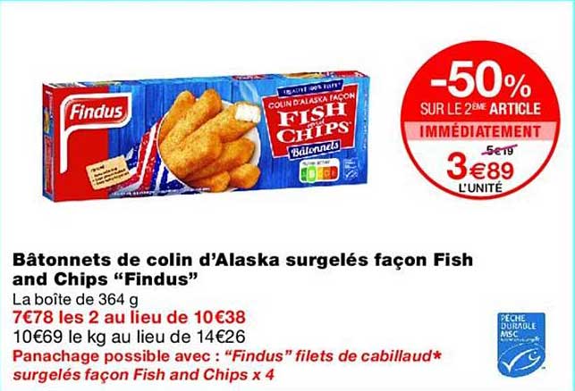 Bâtonnets de colin d’Alaska surgelés façon Fish and Chips “Findus”