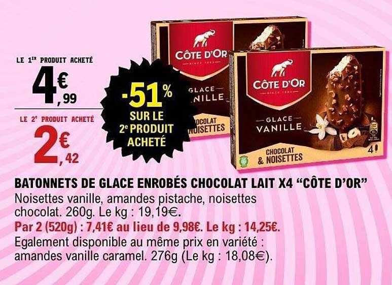 BATONNETS DE GLACE ENROBÉS CHOCOLAT LAIT X4 “CÔTE D’OR”