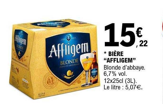 BIÈRE “AFFLIGEM” Blonde d’abbaye. 6,7% vol. 12x25cl (3L). Le litre : 5,07€.
