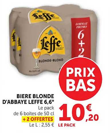 BIERE BLONDE D'ABBAYE LEFFE 6,6° Le pack de 6 boites de 50 cl + 2 OFFERTES