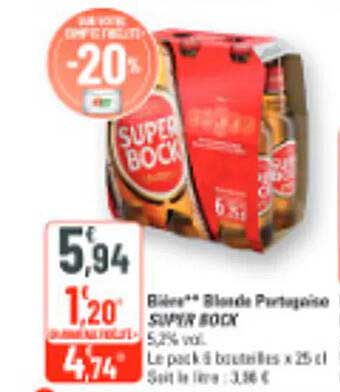 Bière Blonde Portugaise SUPER BOCK 5,0% vol. Le pack de 6 bouteilles x 25 cl