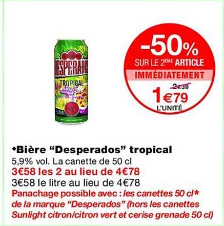 Bière “Desperados” tropical 5.9% vol. La canette de 50 cl
