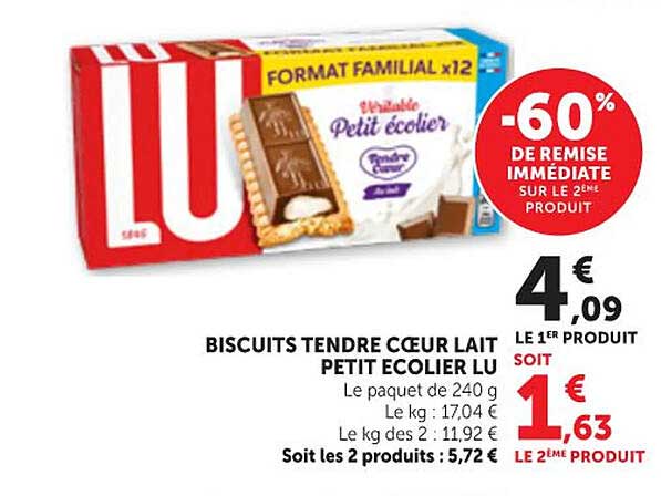 BISCUITS TENDRE CŒUR LAIT PETIT ECOLIER LU
