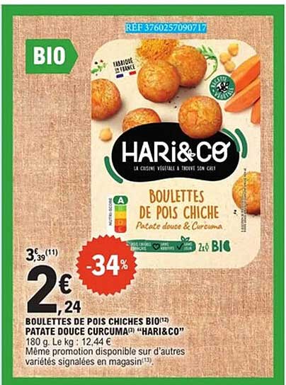 BOULETTES DE POIS CHICHES BIO PATATE DOUCE CURCUMA"HARI&CO"