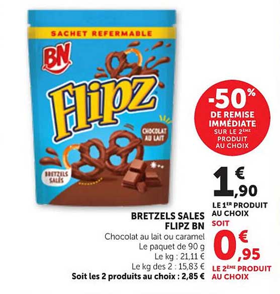 BRETZELS SALES FLIPZ BN Chocolat au lait ou caramel Le paquet de 90 g