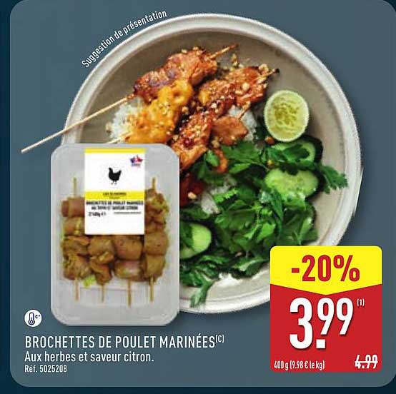 BROCHETTES DE POULET MARINÉES(C) Aux herbes et saveur citron.